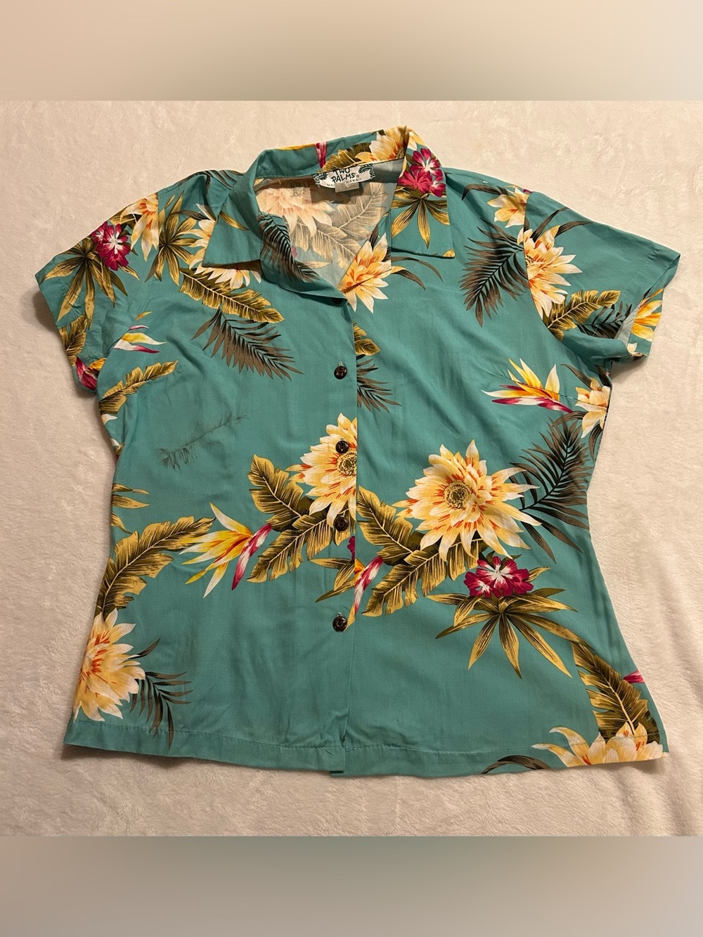 Two Palms Top Womens S Floral Hawaiian Tropical Short Sleeve Button Up Casual